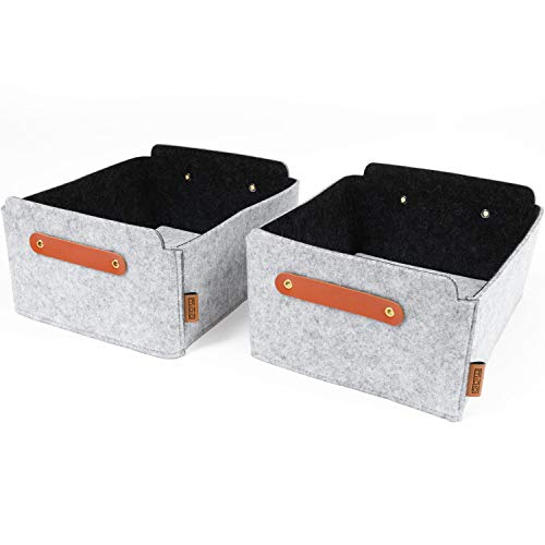 Miqio® Design Aufbewahrungsbox aus Filz mit Ledergriff | hochwertiger Korb aus Filz | Filzbox mit Echtleder Elementen | grau meliert | Filzkorb 2er Set von Miqio