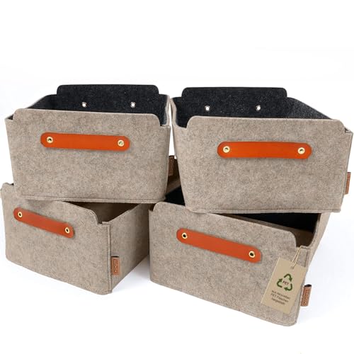 Miqio® Design Aufbewahrungsbox aus Filz mit Ledergriff | hochwertiger Korb aus Filz | Filzbox mit Echtleder Griffen | beige | Filzkorb 4er Set von Miqio