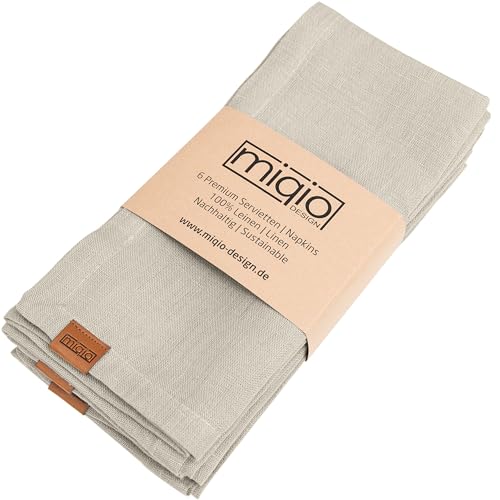 Miqio® Design - Premium Leinenservietten | 100% Leine aus Frankreich | Marken Label aus echtem Leder | 6er Set Servietten waschbar | Stoffservietten Serviette aus Leinen (Natur) von Miqio