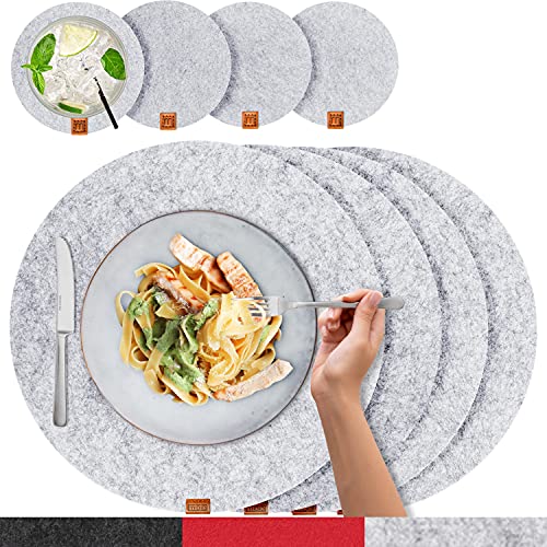 MIQIO® - Filz und Leder - Design Platzsets (Rund) - Set mit 4 waschbaren Premium Tischsets 37 cm und 4 Getränkeuntersetzern (hellgrau Graumeliert) von Miqio