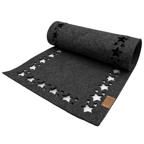 Miqio Design Filz Tischläufer Sterne | Tischläufer Winter | 100x30cm abwaschbar | Filzläufer 0ekotex Filzstoff mit Echtleder Label | Tischdecke Weihnachten- Dunkelgrau anthrazit von Miqio