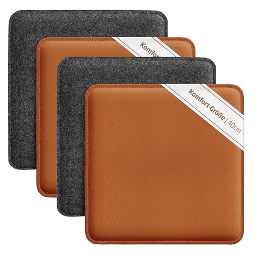 Miqio Design Sitzkissen | Wendekissen Rechteckig aus Filz und Kunstleder | Komfortgröße XL Stuhlkissen 40x40 cm | 4er-Set | Sitzauflage für Bank und Stuhl |Dunkelgrau-Cognac von Miqio