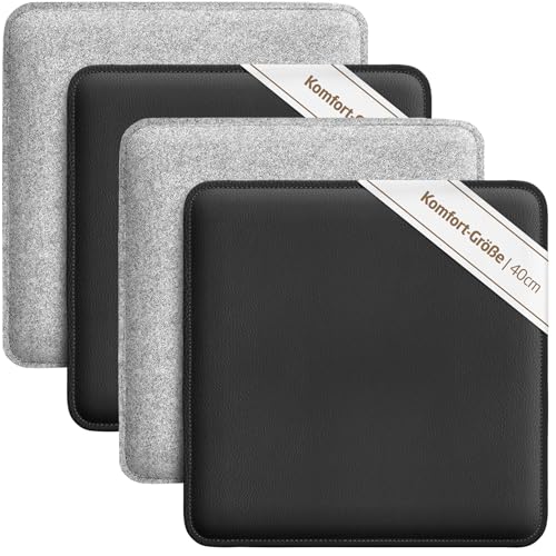 Miqio Design Sitzkissen | Wendekissen Rechteckig aus Filz und Kunstleder | Komfortgröße XL Stuhlkissen 40x40 cm | 4er-Set | Sitzauflage für Bank und Stuhl | Hellgrau-Schwarz von Miqio