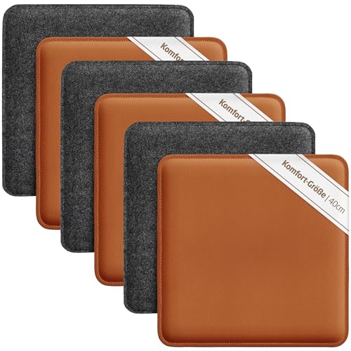Miqio Design Sitzkissen | Wendekissen Rechteckig aus Filz und Kunstleder | Komfortgröße XL Stuhlkissen 40x40 cm | 6er-Set | Sitzauflage für Bank und Stuhl |Dunkelgrau-Cognac von Miqio