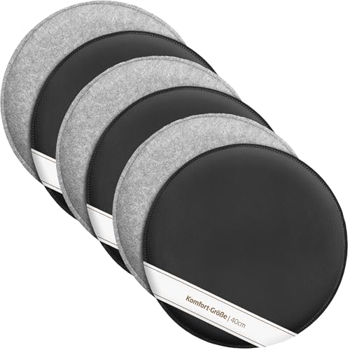Miqio Design Sitzkissen | Wendekissen Rund aus Filz und Kunstleder | Komfortgröße XL Stuhlkissen ø40 cm | 6er-Set | Sitzauflage für Bank und Stuhl | Hellgrau-Schwarz von Miqio