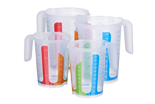 MiraHome 4er Set bunt – 2 Messbecher mit 1L & 2 mit 500ml – bruchsichere Kunststoff-Messbecher für Küche – Skala für ml/L, Cups & Gramm für Zucker/Mehl – Austrian Quality von MiraHome