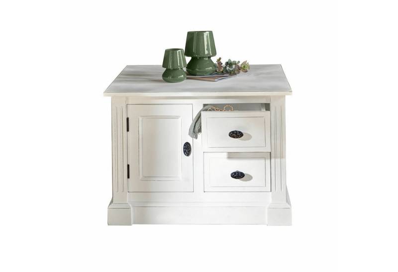 Mirabeau Couchtisch charmanter Sofatisch Lune Sauvage aus Mangoholz antikweiß (massiv & detailverliebt, 2 Schubladen & Türfach mit Metallgriffen), Wohnzimmertisch, Beistelltisch, B 70cm, H 51cm, T 70cm von Mirabeau