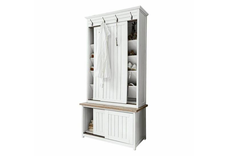 Mirabeau Kleiderständer raffinierte Garderobe Remerton mit Schiebetüren im Long Island-Stil, (praktisch, mit Schuhfächern & Kleiderhaken, Lattenoptik & Kranzleiste), Schuhschrank, weiß/braun, B 86cm, H 175cm, T 45cm von Mirabeau