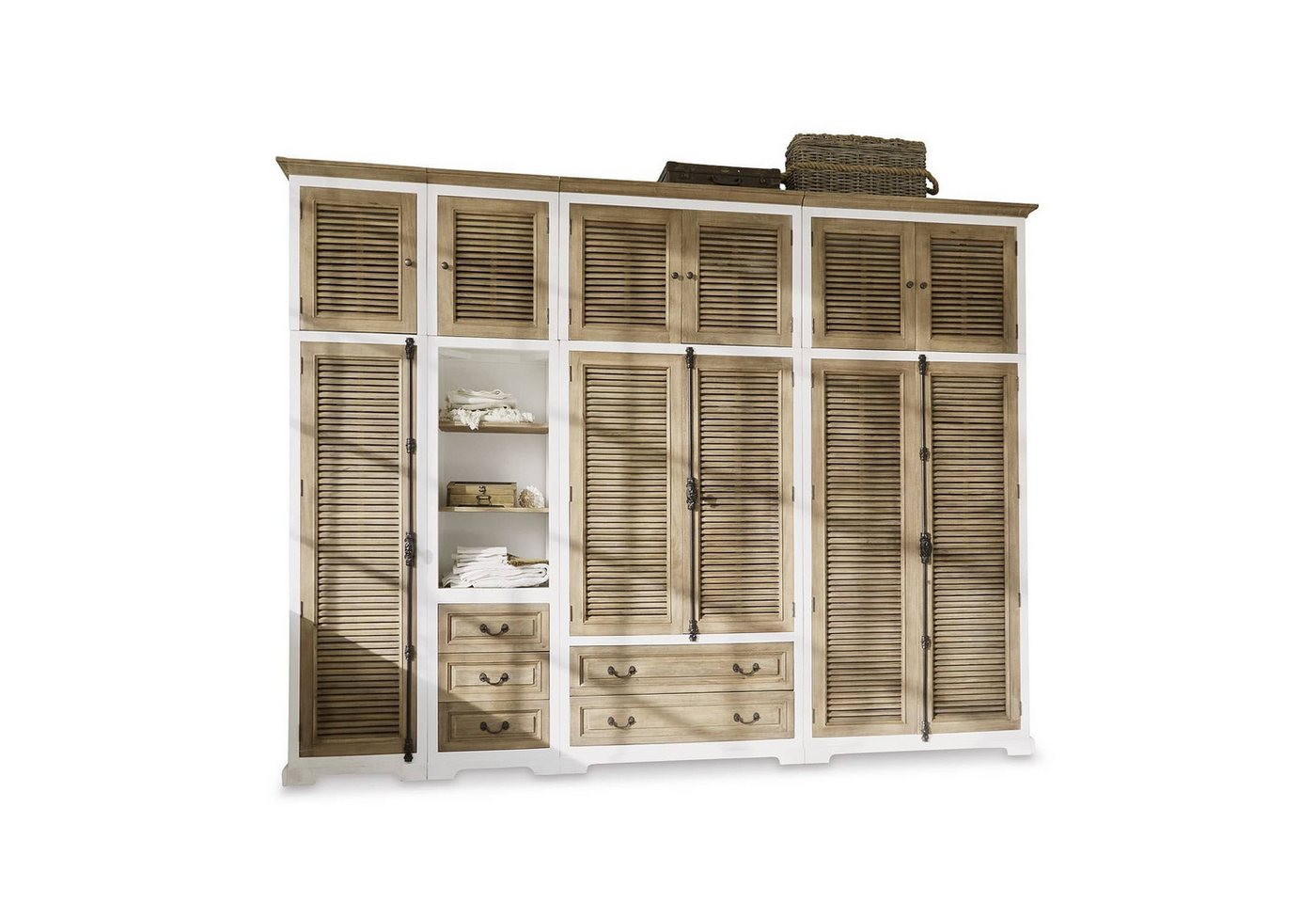 Mirabeau Kleiderschrank imposantes Schrank-Set Daviau aus Mangoholz im Landhausstil braun/weiß (handgefertigt, Lammellentüren, Fächer, Schubladen & Kleiderstangen) Kleiderschrank, Wohnzimmerschrank, B 315cm, H 240cm, T 60cm von Mirabeau