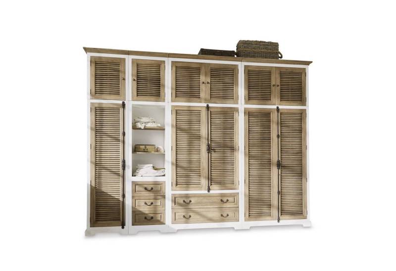 Mirabeau Kleiderschrank imposantes Schrank-Set Daviau aus Mangoholz im Landhausstil braun/weiß (handgefertigt, Lammellentüren, Fächer, Schubladen & Kleiderstangen) Kleiderschrank, Wohnzimmerschrank, B 315cm, H 240cm, T 60cm von Mirabeau