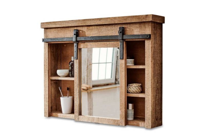 Mirabeau Waschbeckenschrank rustikaler Badezimmerschrank Taylors Island aus Mangoholz & Eisen (braun, Massivholz, verschiebbarer Spiegel, offene Ablagefächer) Spiegelschrank, Badregal mit Spiegel, B 86cm, H 65cm, T 15cm von Mirabeau