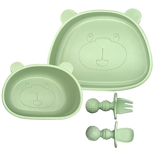 4pcs Silikon Baby Teller und Schüssel Set mit Saugnapf,BPA-frei,Rutschfester Kinderteller für Kleinkinder,Geschirr mit Löffel Gabel,Passend für die Meisten Hochstühle (Grün) von Miracle Baby