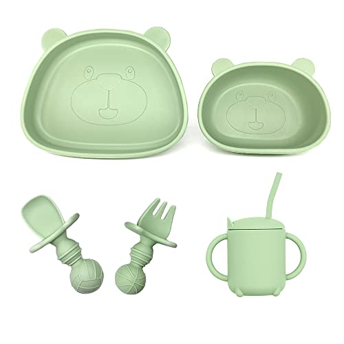 5pcs Silikon Baby Teller und Schüssel Set mit Saugnapf,BPA-frei,Strohhalmbecher aus Silikon,Rutschfester Kinderteller für Kleinkinder,Geschirr mit Löffel Gabel (Grün) von Miracle Baby