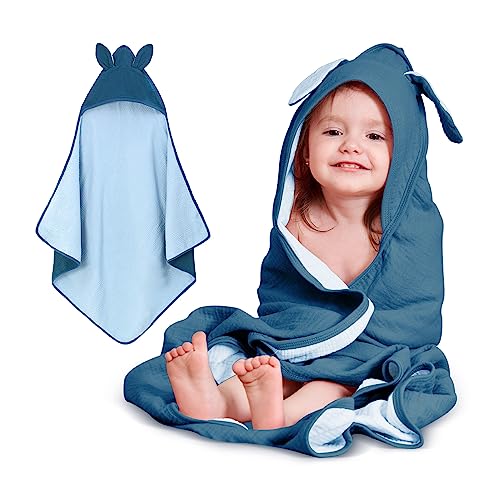 Baby Kapuzenbadetuch Babybadetuch mit Kapuze Babyhandtücher 100% Baumwolle Musselin Tuch Weiches Baby Handtuch mit Ohren für Neugeborene und Kinder, 85 x 85 cm, Blau von Miracle Baby