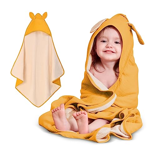 Baby Kapuzenbadetuch Babybadetuch mit Kapuze Babyhandtücher 100% Baumwolle Musselin Tuch Weiches Baby Handtuch mit Ohren für Neugeborene und Kinder, 85 x 85 cm, Gelb von Miracle Baby