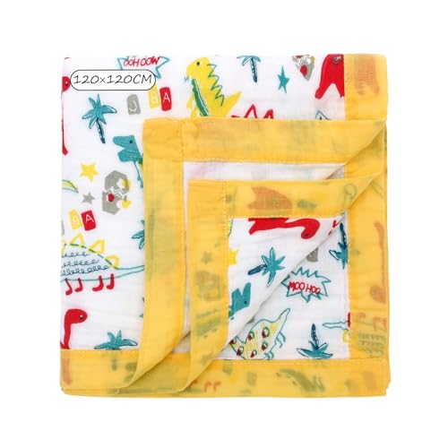 Babydecke Musselin Baumwolle Swaddle Puckdecken - dünne atmungsaktive Baby Pucktücher Sommerdecke Puckdecke Mullwindeln für Junge und Mädchen 120x120cm (Dinosaurier) von Miracle Baby