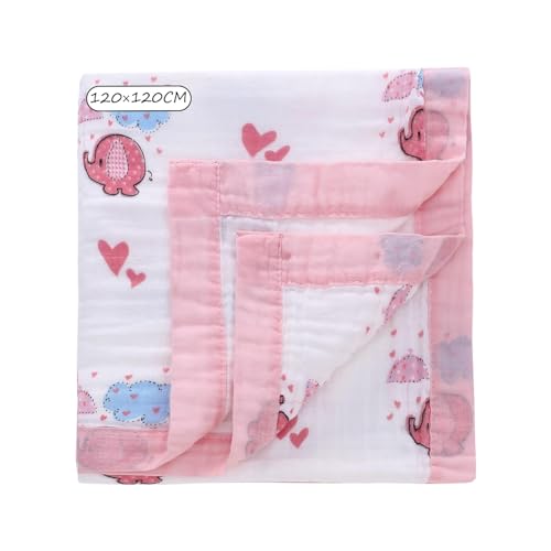 Babydecke Musselin Baumwolle Swaddle Puckdecken - dünne atmungsaktive Baby Pucktücher Sommerdecke Puckdecke Mullwindeln für Junge und Mädchen 120x120cm (Elefant) von Miracle Baby