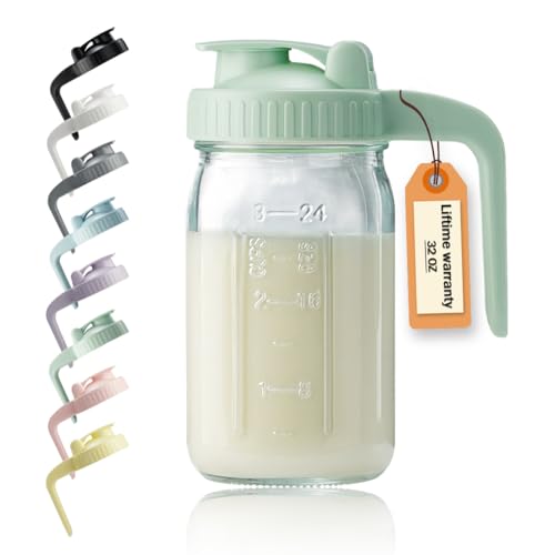 Glaskrug mit Deckel und V-förmigem Ausgießer – 1 Liter Muttermilchkrug doppelt auslaufsicher, Milchkännchen für Sonnentee, Saft, kaltgebrühten Kaffee, Muttermilch Aufbewahrungsbehälter von Miradexic