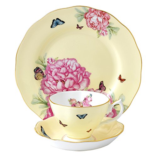 Miranda Kerr by Royal Albert Miranda Kerr von Royal Albert Joy – Teetasse, Untertasse und Teller 20 cm, gelb, Set von 3, Steingut, Yellow with A Multicolor Print, 3-teiliges von Royal Albert