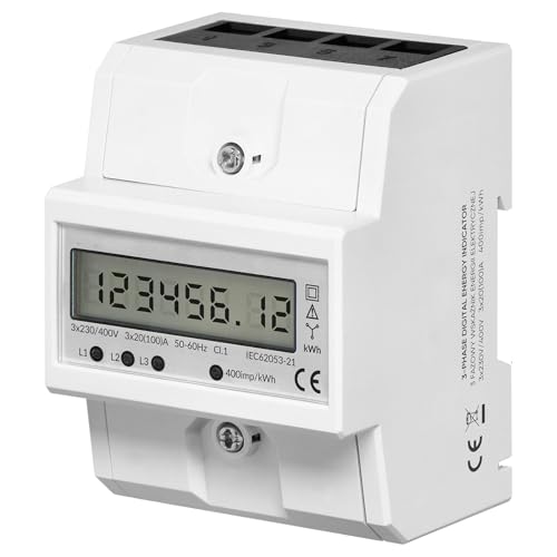 Miratic 3-Phasen Energiezähler mit LCD – Digitaler Stromzähler 3x230/400 V - bis 40 A - 400 Impulse/kWh S0-Ausgang Hutschienenmontage IP51 – Weiß von Miratic