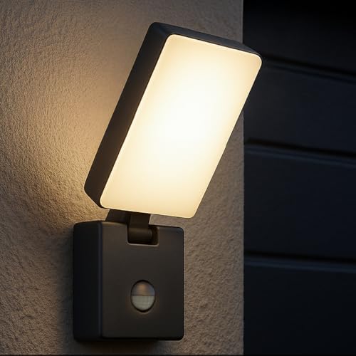 Miratic LED - Außenlampe mit Bewegungsmelder IP65 3000K Breiter Abstrahlwinkel über 80 Grad Effiziente Aussenlampe Wand Grau für Terrasse und Garten von Miratic