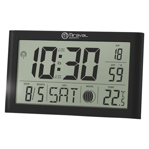 Digitale LCD Tischfunkuhr mit Datumsanzeige + Temperaturanzeige Geräuschlos Digitale Funkuhr mit Datumsanzeige Digital Schwarz 2X AA-Batterie Schwarz Kunststoff Unisex DCF77 Datumsanzeige (Schwarz) von Miraval