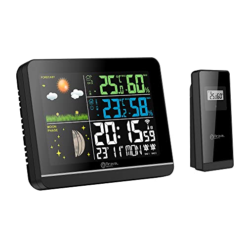 Miraval Funk-Wetterstation: Hygro- & Thermometer innen/außen, Farbdisplay, Uhrzeit- und Datumsanzeige, Wochentag, Mondphase, 2 Alarme, Außensensor, 8 Sprachen einstellbar von Miraval