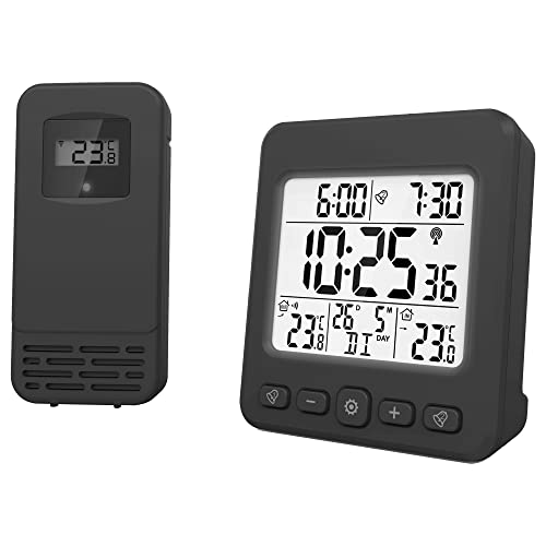 Miraval LCD Funk-Wetterstation mit Außensensor Wecker Funkuhr Kalender Datum 2 Alarme Bleuchteter Display (Schwarz) von Miraval