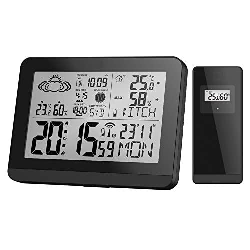 Moderne Design Funk-Wetterstation mit Aussensensor bennenbar Mondphase Sonnenaufgang Sonnenuntergang 2 Alarme Hygrometer Temperaturanzeige Datumsanzeige Wettervorhersage (Schwarz) von Miraval