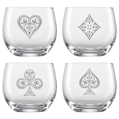 Poker Whiskygläser 4er Set | 4x 400ml Trinkgläser mit Herz Karo Pik Kreuz von Miriquidi