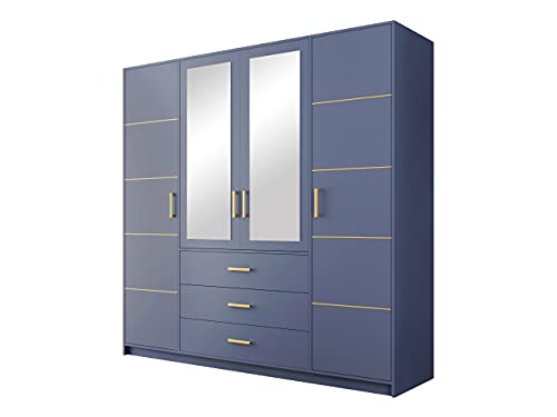 Drehtürenschrank Bado 4D II, Kleiderschrank mit Spiegel, Schubladen und Spiegeltüren, Elegantes Schlafzimmer Schrank, Jugendzimmer, Farbauswahl (blau/blau + Gold) von Mirjan24