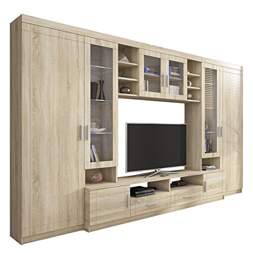 Große Wohnwand Vita, TV-Lowboard, 2 Vitrine, Wandregal, Anbauwand Schrankwand Wohnzimmerschrank (Sonoma Eiche, mit weißer LED Beleuchtung) von Mirjan24