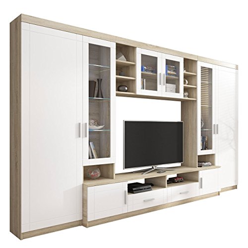 Große Wohnwand Vita, TV-Lowboard, 2 Vitrine, Wandregal, Anbauwand Schrankwand Wohnzimmerschrank (Sonoma Eiche/Weiß, mit weißer LED Beleuchtung) von Mirjan24