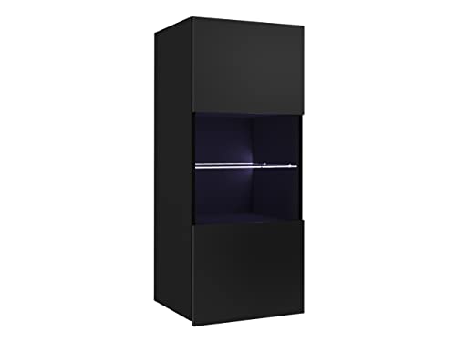 Hängevitrine Calabrini BR05, Grifflose Öffnen, Farbauswahl Stauraumvitrine Vitrinenschrank Hochschrank Wohnzimmer Highboard, Schrank Vitrine (Schwarz / Schwarz Hochglanz, mit weißer LED Beleuchtung) von Mirjan24