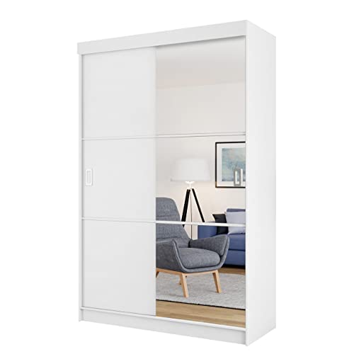 Kleiderschrank Logic 138 IIIL mit Spiegel, 2 Kleiderstange und 3 Einlegeplatten, Schlafzimmerschrank, Schiebtürenschrank, 138 x 205 x 60 cm, Schlafzimmer, Diele & Flur (Weiß, ohne Beleuchtung.) von Mirjan24
