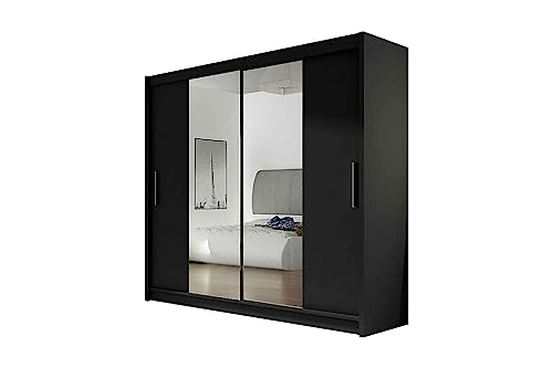 Mirjan24 Kleiderschrank London II mit Spiegel, Schiebetürenschrank, Schwebetürenschrank, Modernes Schlafzimmerschrank 180x215x58cm, Garderobe, Schlafzimmer (Schwarz) von Mirjan24