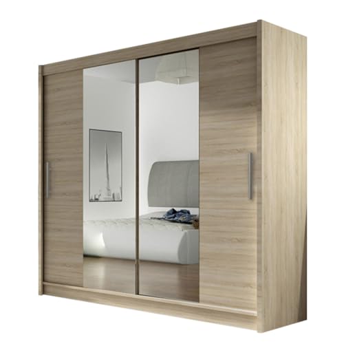 Mirjan24 Kleiderschrank London II mit Spiegel, Schiebetürenschrank, Schwebetürenschrank, Modernes Schlafzimmerschrank 180x215x58cm, Garderobe, Schlafzimmer (Sonoma Eiche) von Mirjan24