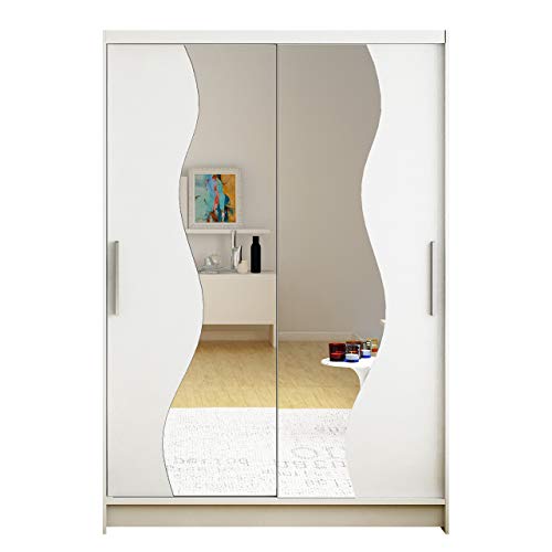 Kleiderschrank Miami S mit Spiegel, Breite: 120cm, Schwebetürenschrank mit Kleiderstange und Einlegeboden, Garderobe, Schlafzimmer, Diele & Flur (Weiß + Spiegel, ohne Beleuchtung) von Mirjan24