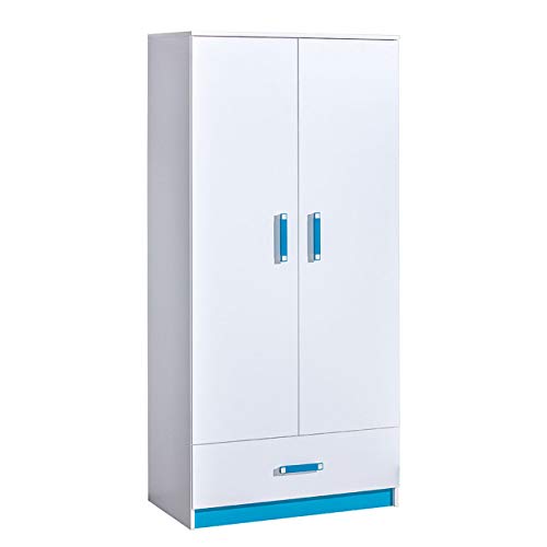 Kleiderschrank Trafiko TR01, Elegantes Drehtürenschrank mit Kleiderstange und Schublade für Jugendzimmer, Farbauswahl (Weiß/Weiß + Türkis) von Mirjan24