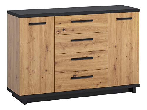 Kommode Ines K2D4SZ mit 4 Schubladen und 2 Türen, Anrichte in Holz-Optik, Highboard, Mehrzweckkommode, Schrank, Wohnzimmer, Esszimmer, Diele & Flur, Sideboard (Eiche Artisan + Schwarz / Eiche Artisan) von Mirjan24