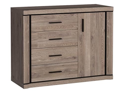 Mirjan24 Kommode Mannar M-03, mit 4 Schubladen und Türen, Mehrzweckschrank, Farbauswahl, Anrichte, Sideboard, Highboard, Naturtöne, Wohnzimmer (Eiche Trüffel) von Mirjan24