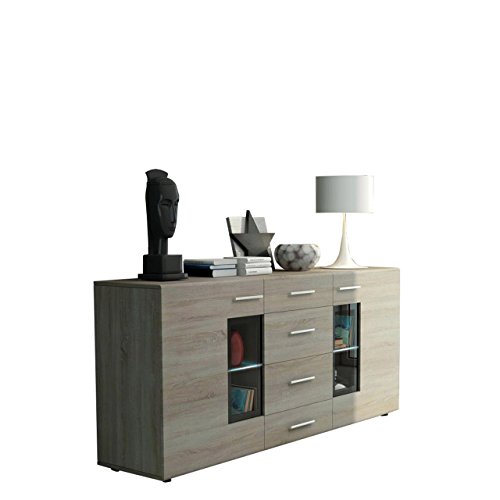 Mirjan24 Kommode Twist Anrichte Highboard Sideboard Schrank Naturtöne Mehrzweckschrank Wohnzimmerschrank, Anrichte (mit weißer LED Beleuchtung, Sonoma Eiche) von Mirjan24