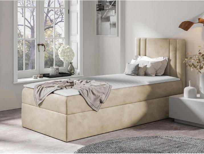 MIRJAN24 Boxspringbett Carmen Mini (mit Hauptmatratze, Topper, Kopfteil), 80, 90, 100 / 200 cm, Seitenwahl, Einzelbett, beige von Mirjan24