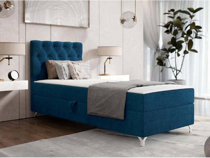 MIRJAN24 Boxspringbett Chester 1 (mit Bettkasten), 80/90 cm, Verchromte Metallfüße, Bonellfederkern, blau, Seite: Links, Manila 26 von Mirjan24