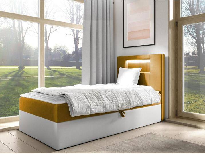 MIRJAN24 Boxspringbett Gold Junior 1 (mit Bettkasten, Polsterkopfteil und Beleuchtung), mit Bonellfederkern, Härtegrad - H3, gelb von Mirjan24