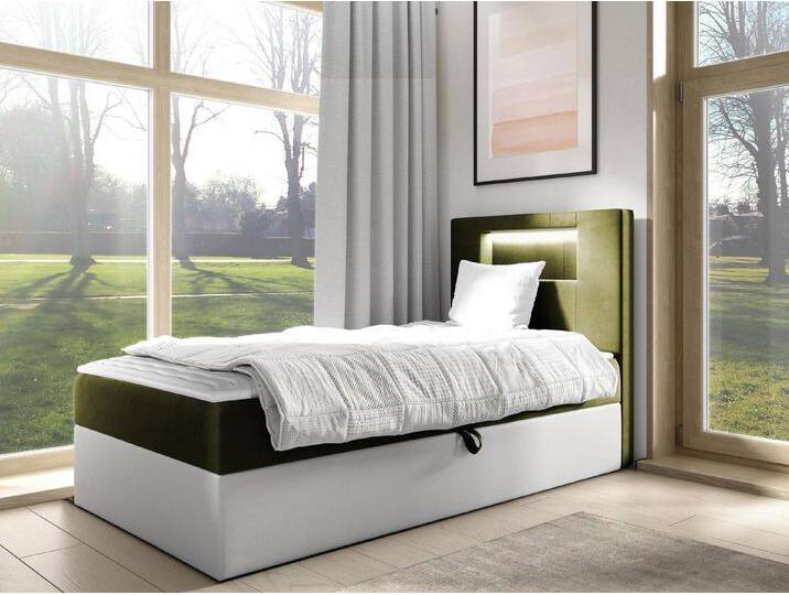 MIRJAN24 Boxspringbett Gold Junior 1 (mit Bettkasten, Polsterkopfteil und Beleuchtung), mit Bonellfederkern, Härtegrad - H3, grün von Mirjan24