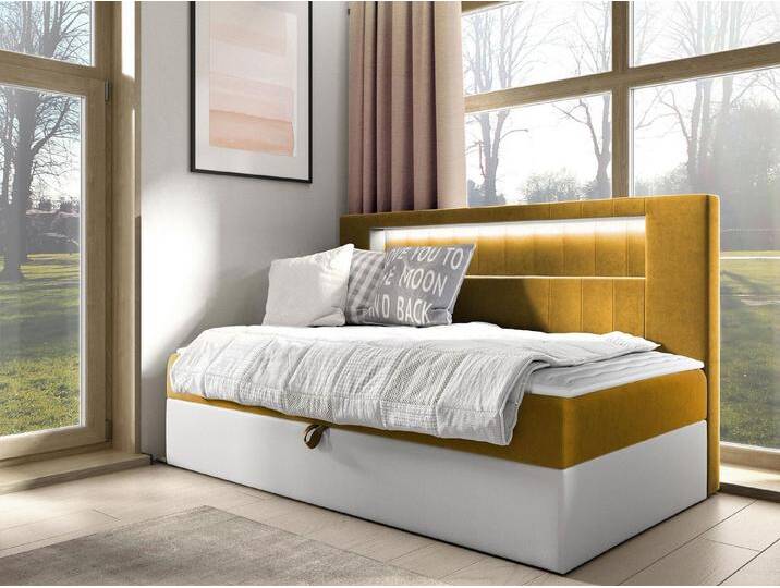 MIRJAN24 Boxspringbett Gold Junior 2 (mit Bettkasten und Beleuchtung), mit Bonellfederkern, Härtegrad - H3, gelb, Soft 017 + Fresh 37 von Mirjan24