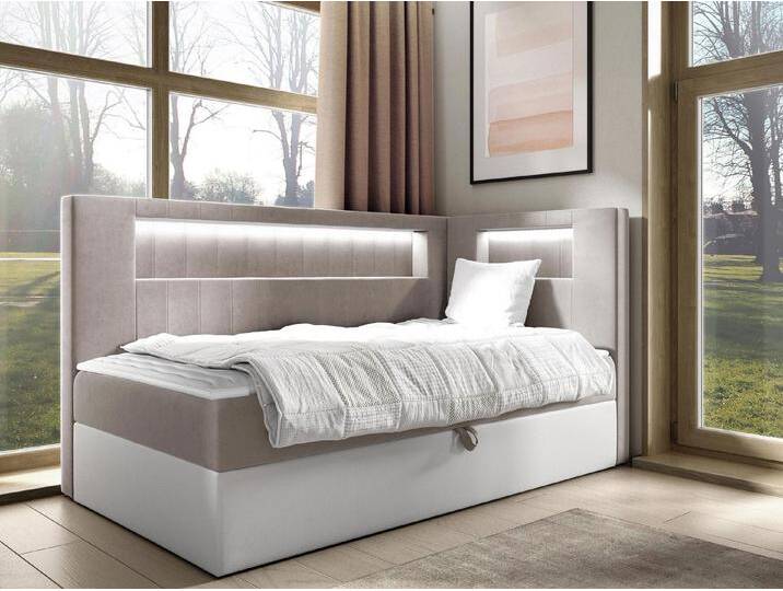 MIRJAN24 Boxspringbett Gold Junior 3 (mit Bettkasten, Polsterkopfteil und Beleuchtung), mit Bonellfederkern, Härtegrad - H3, beige von Mirjan24