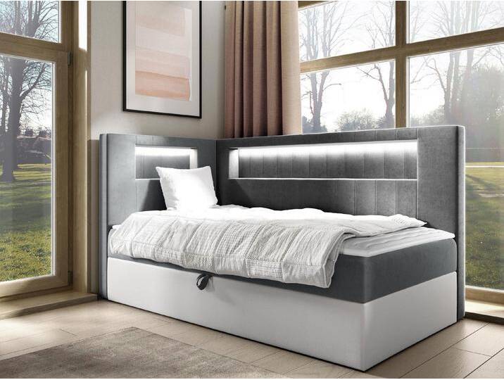 MIRJAN24 Boxspringbett Gold Junior 3 (mit Bettkasten, Polsterkopfteil und Beleuchtung), mit Bonellfederkern, Härtegrad - H3, grau von Mirjan24