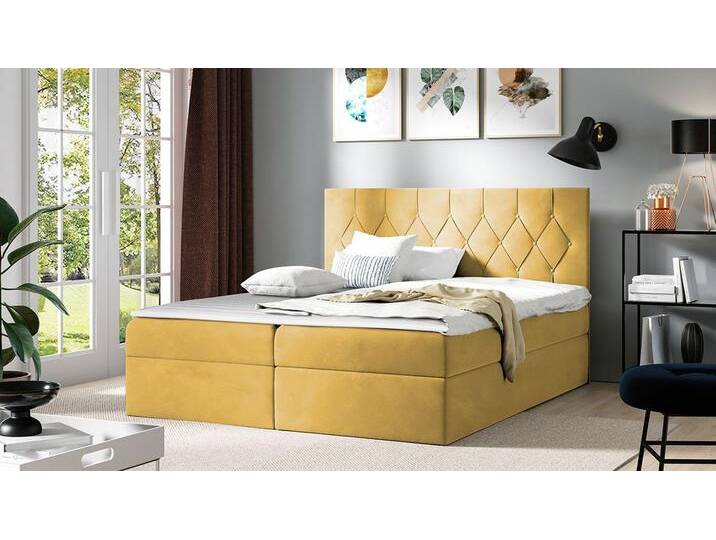 MIRJAN24 Boxspringbett Sky (Matratze und Topper, Polsterkopfteil), Doppelbett mit 2 Bettkästen, Bettgestell, gelb, Mikrofaza 0007 von Mirjan24